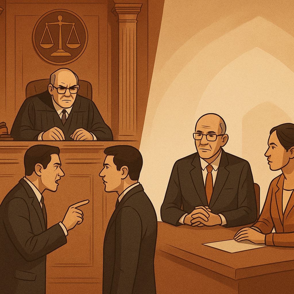 Illustration showing contrast between courtroom hearing and Lok Adalat mediation in India.