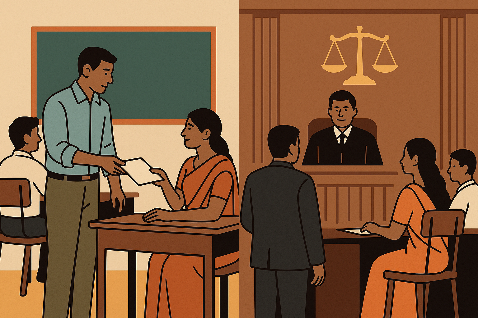 Illustration showing contrast between a classroom teacher and a courtroom scene representing teacher appointment dispute in Bihar.
