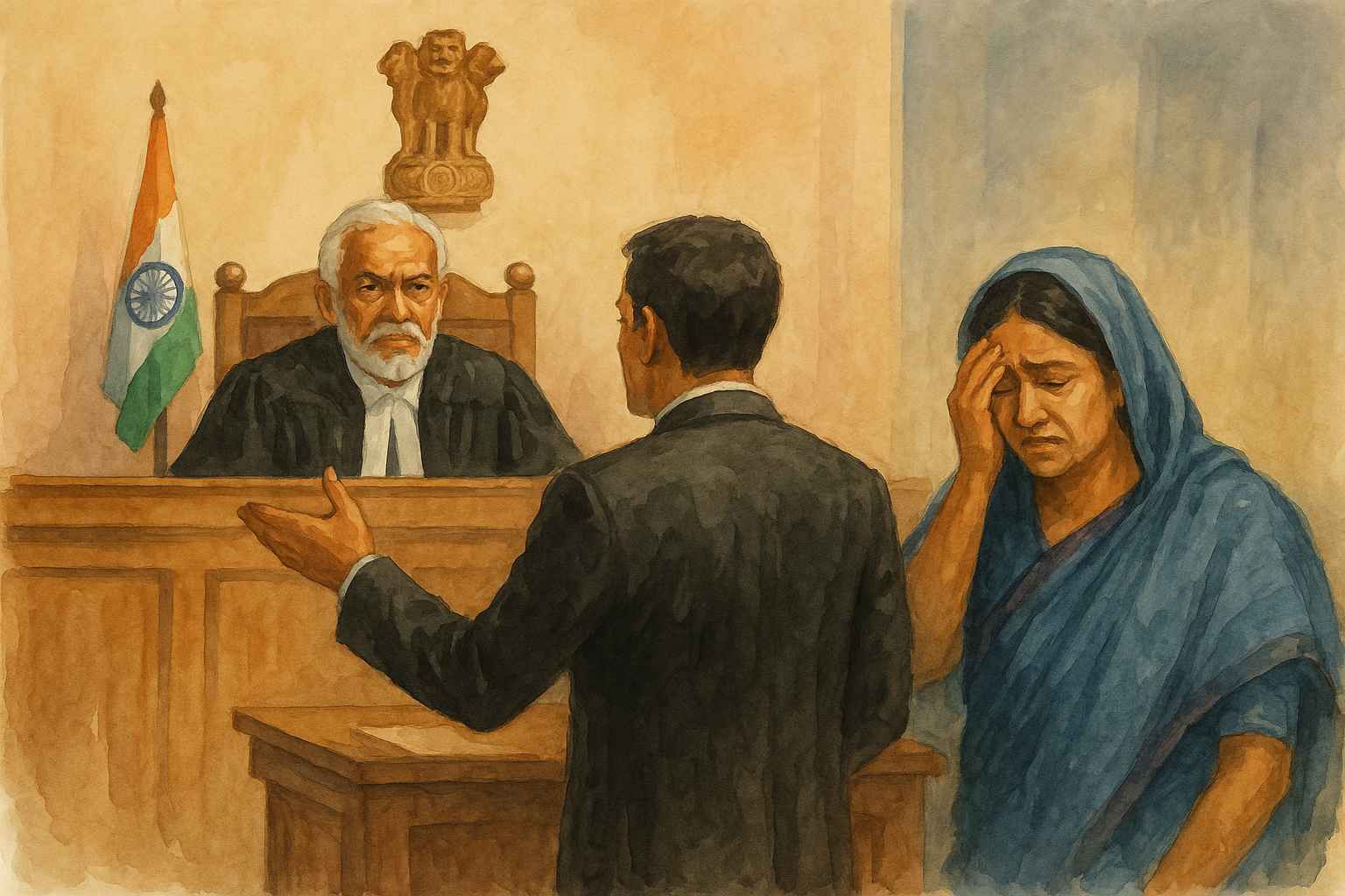 Watercolor illustration of an Indian courtroom scene showing a distressed woman, a lawyer addressing the judge, symbolizing a tainted murder investigation reviewed by Patna High Court.