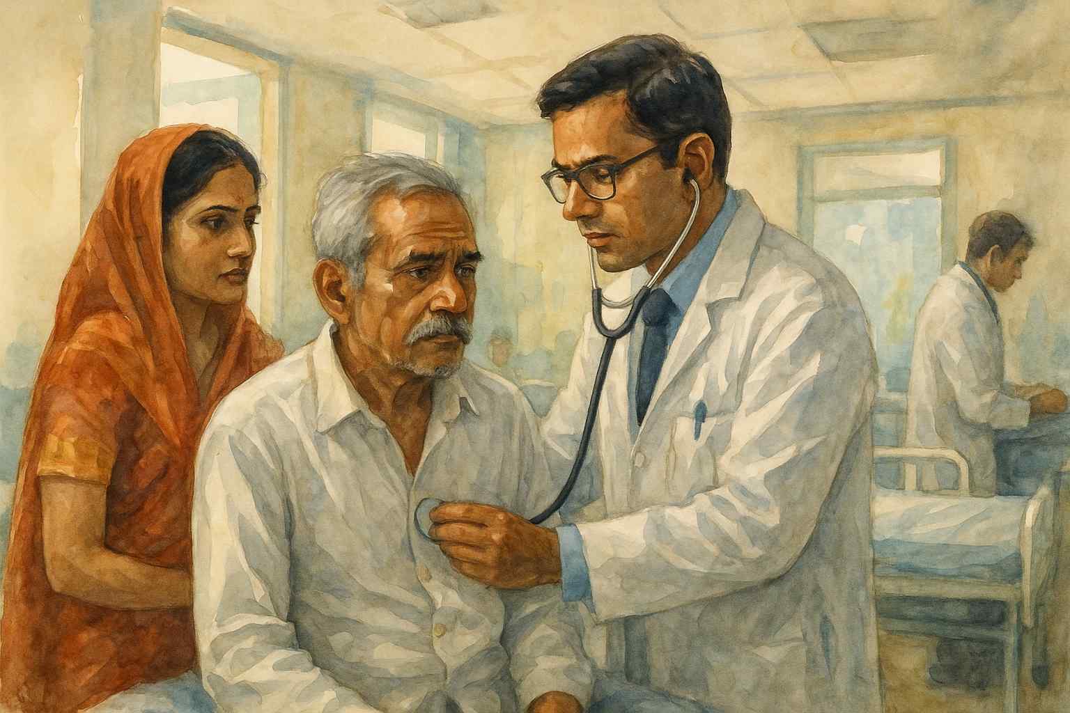 A watercolor illustration showing a doctor examining an elderly patient in an Indian hospital, symbolizing medical negligence allegations reviewed by Patna High Court.