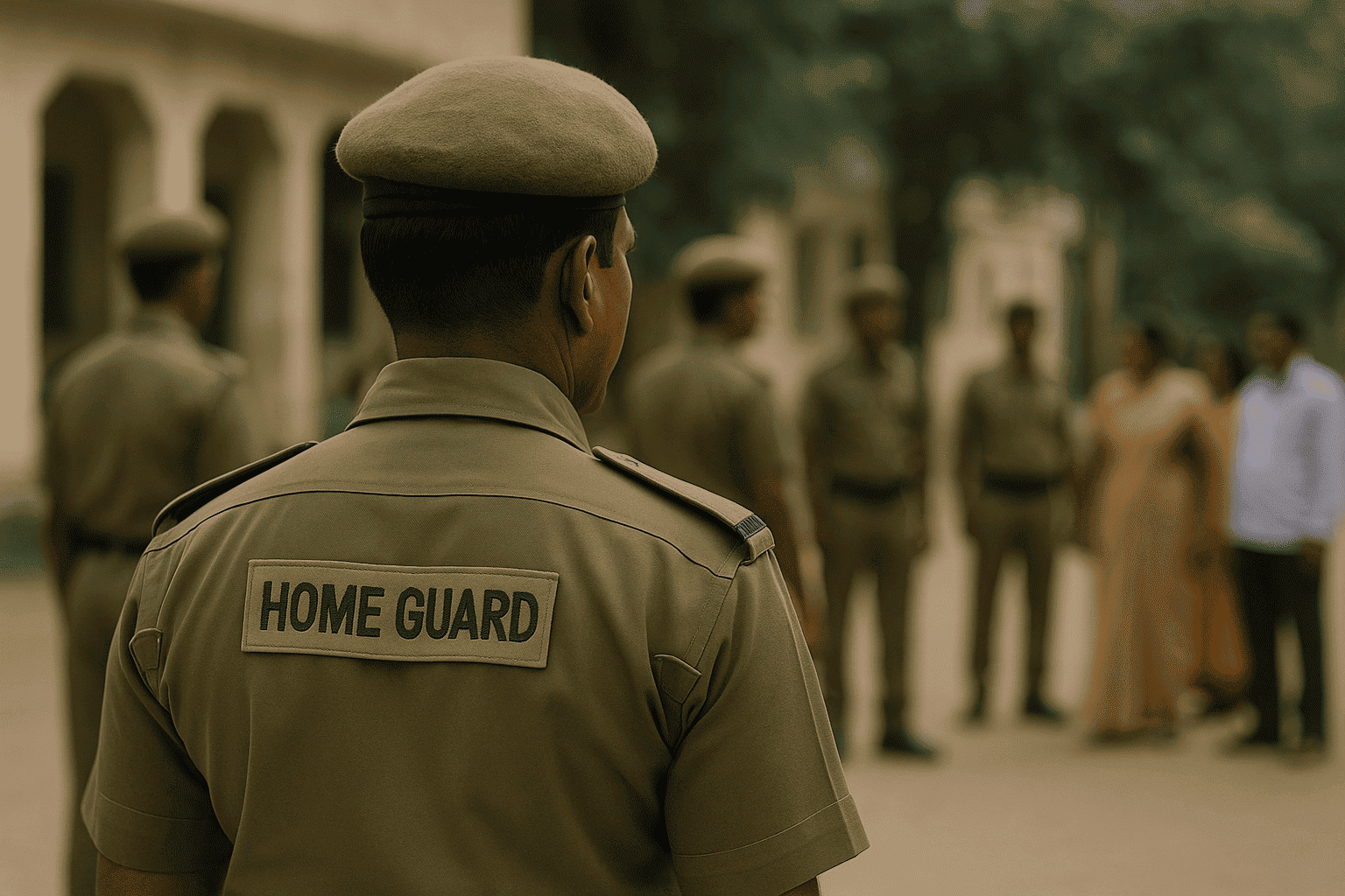 Illustration of Indian Home Guard personnel during recruitment-related proceedings in a district setting, reflecting the court’s decision on district-wise selection.
