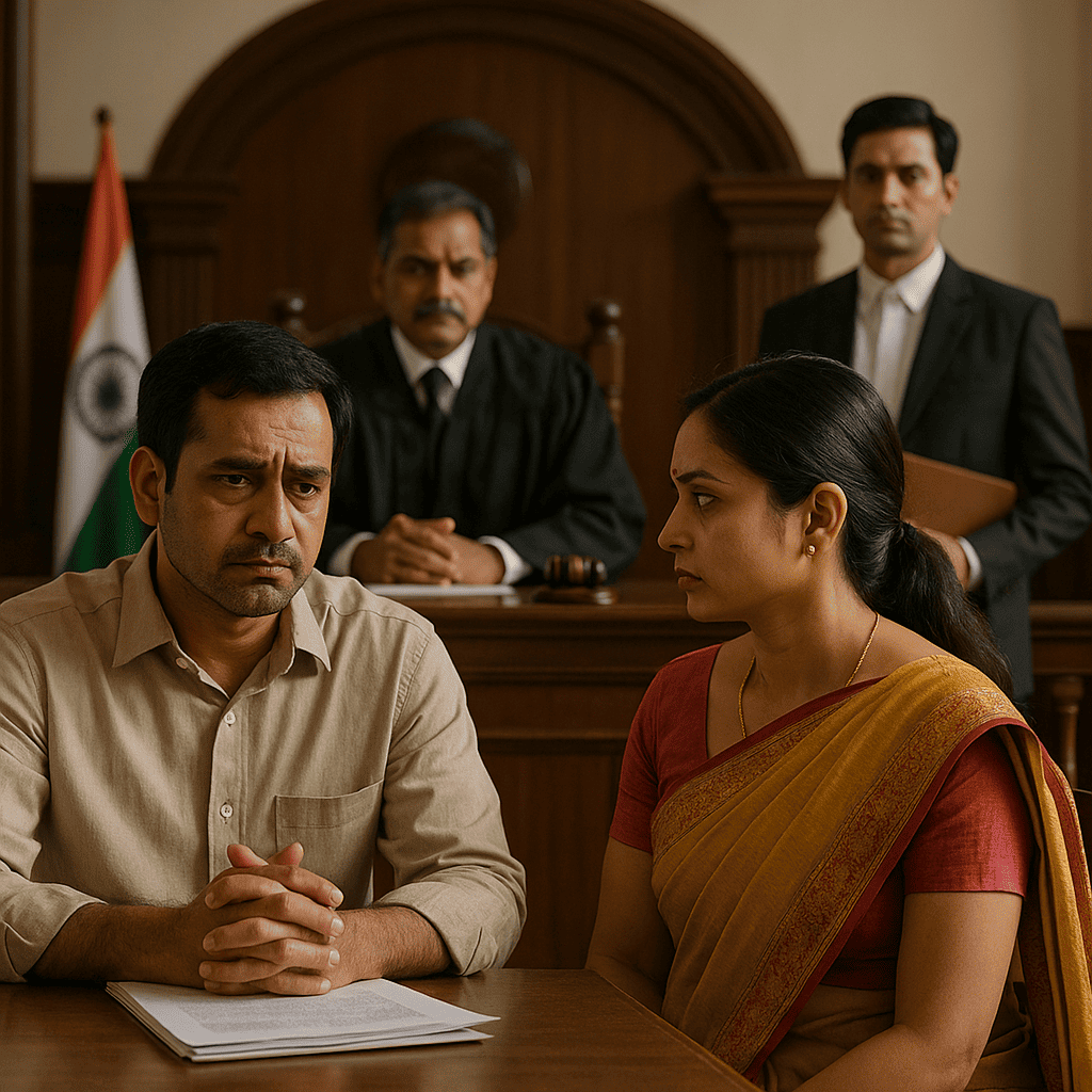 Indian courtroom scene illustrating dispute over domestic violence protection order and property restraint.