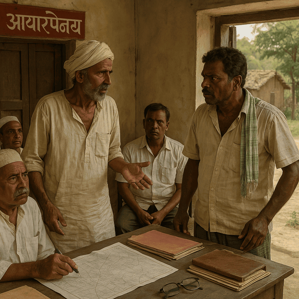 Rural government office scene depicting a land possession dispute between cultivators in Bihar.