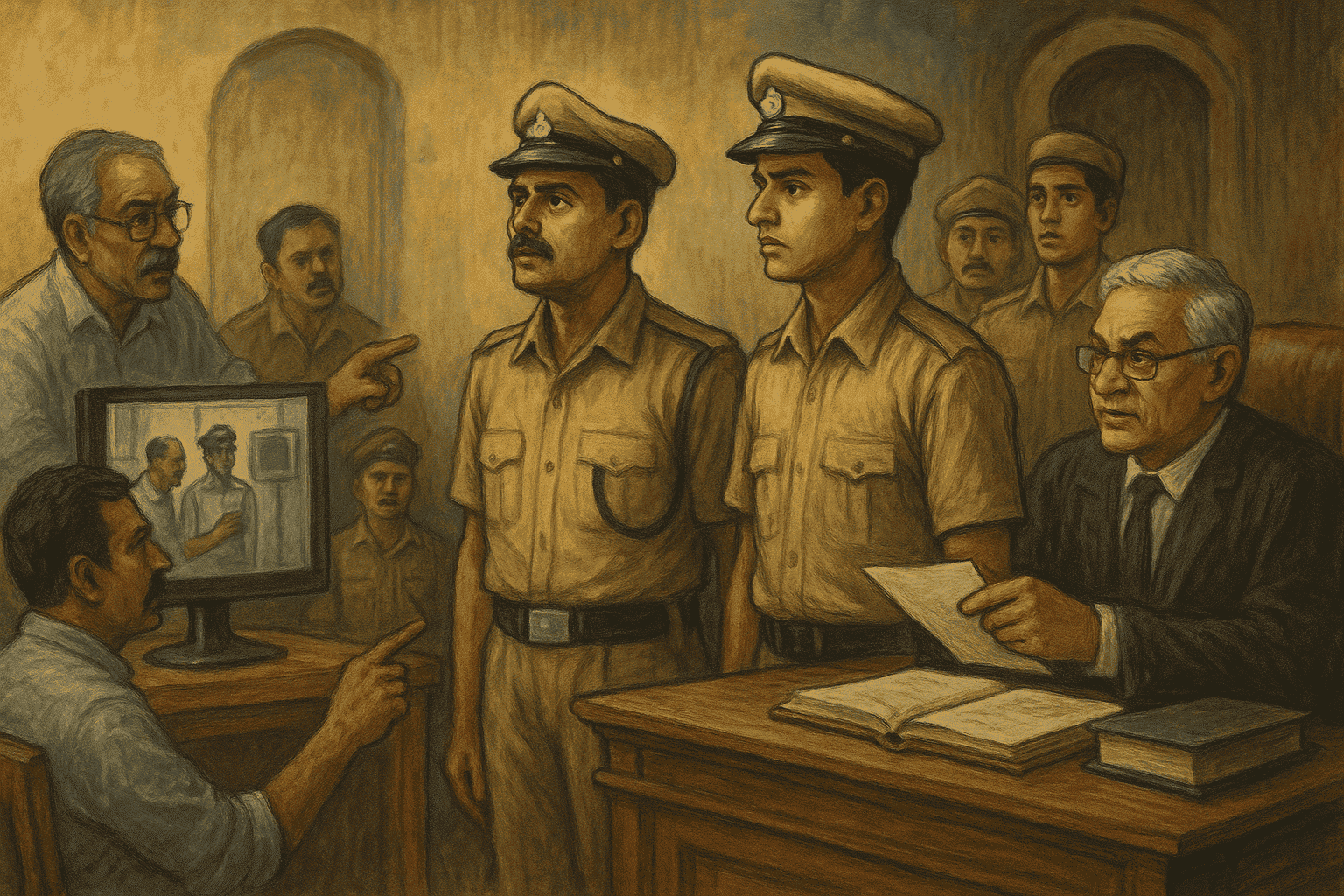 Realistic courtroom illustration showing police trainees facing enquiry over alleged CCTV tampering before the Patna High Court.
