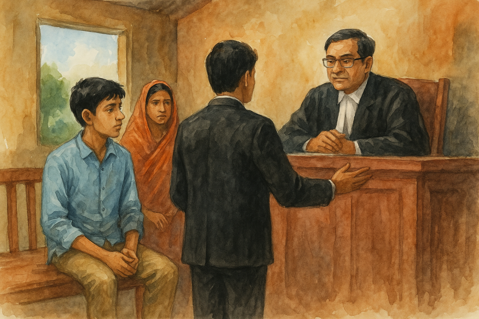 Courtroom illustration showing Patna High Court judge deciding a case on back salary claim by compassionate appointee under Bihar government.