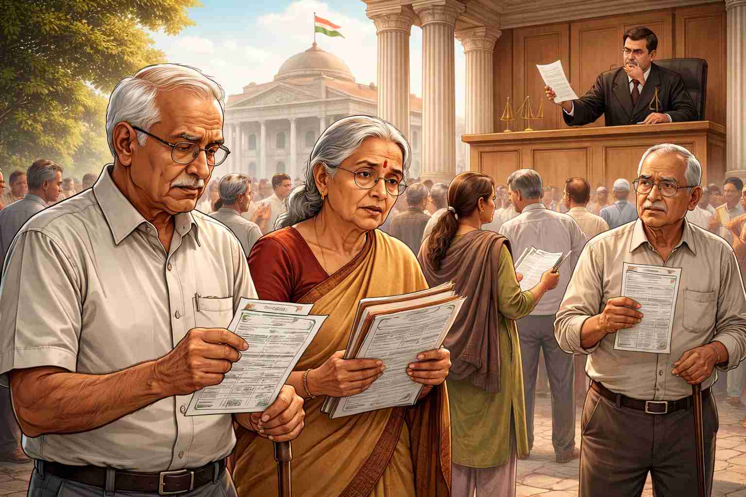Bihar ke sevanivritt shikshak Patna High Court ke bahar pension vivad par nyayalaya ke faisle par pratikriya dete hue.
