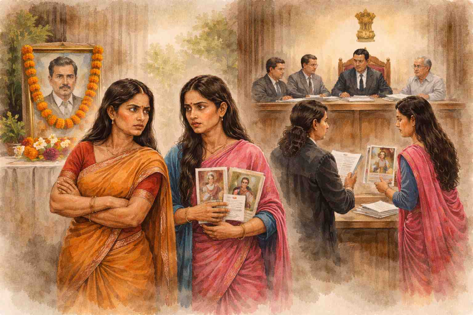 Watercolor illustration showing two Indian women in court disputing heirship of a deceased man, with lawyers and judge reviewing evidence.