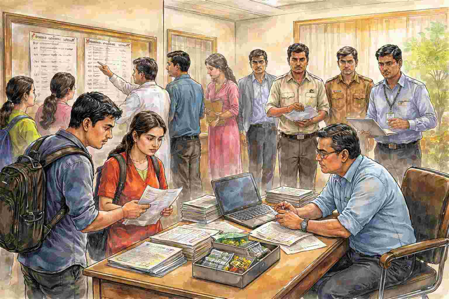 Watercolor illustration showing a tense college admissions office in Bihar during investigation of B.Ed. spot admission irregularities.
