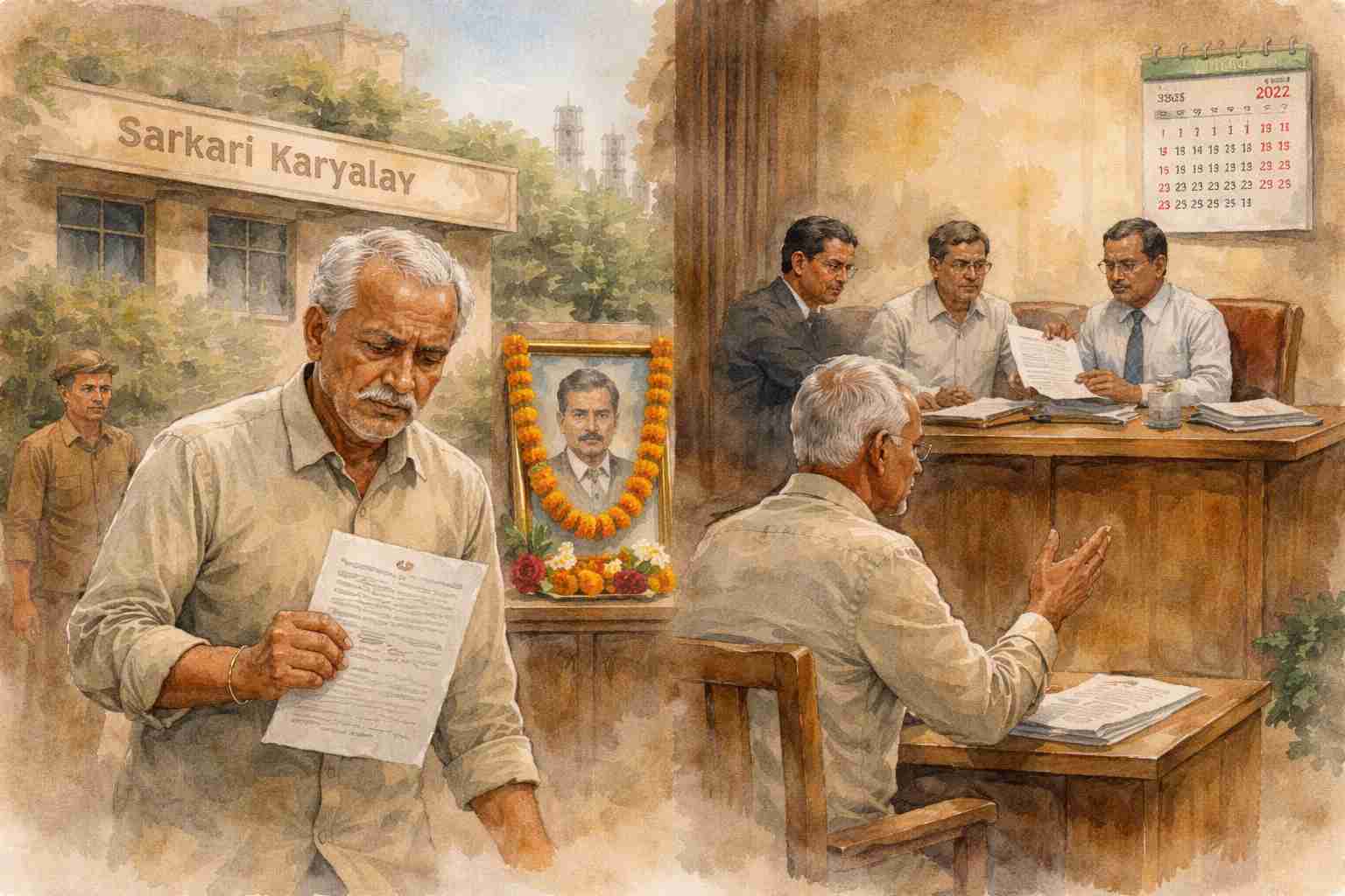 Watercolor painting showing an elderly Indian engineer holding rejection papers outside a government office and pleading with officials over delayed promotion.