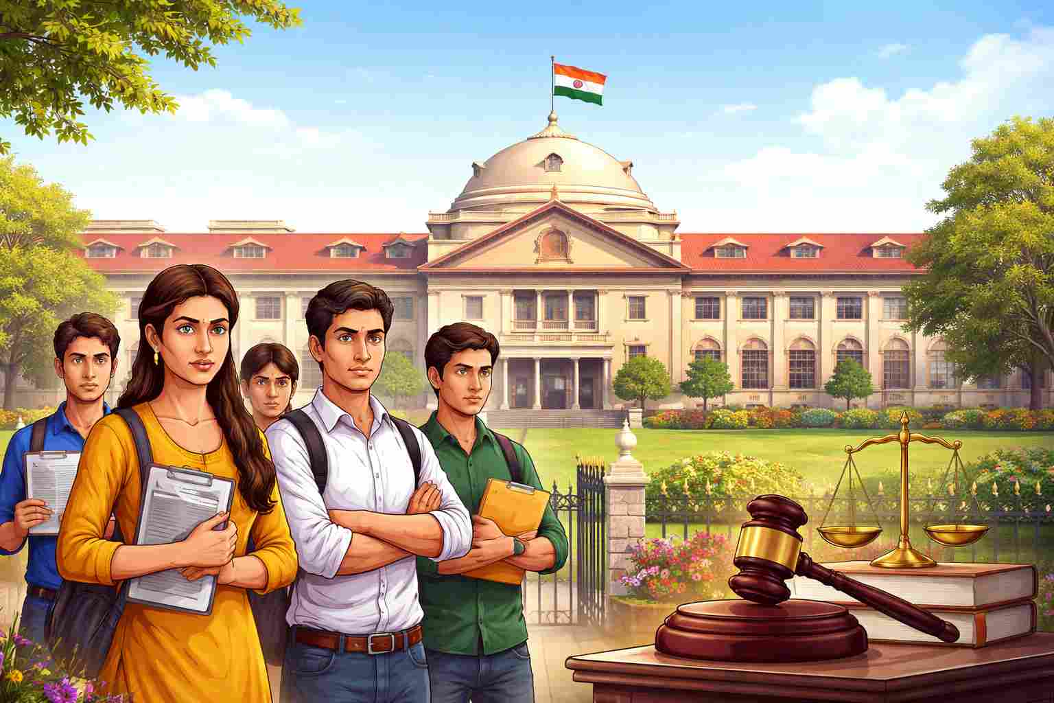 A realistic illustration of Patna High Court building with students holding exam papers, symbolizing a legal dispute over BPSC preliminary exam results.