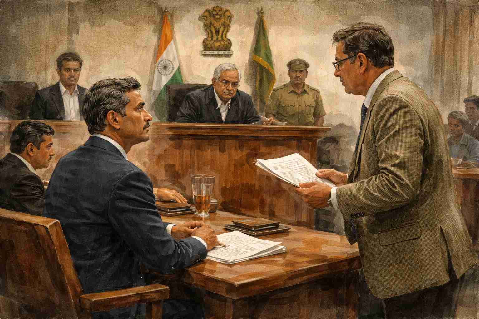Courtroom illustration showing an Indian judge hearing a case where a businessman seeks exemption from personal appearance under Section 205 CrPC.