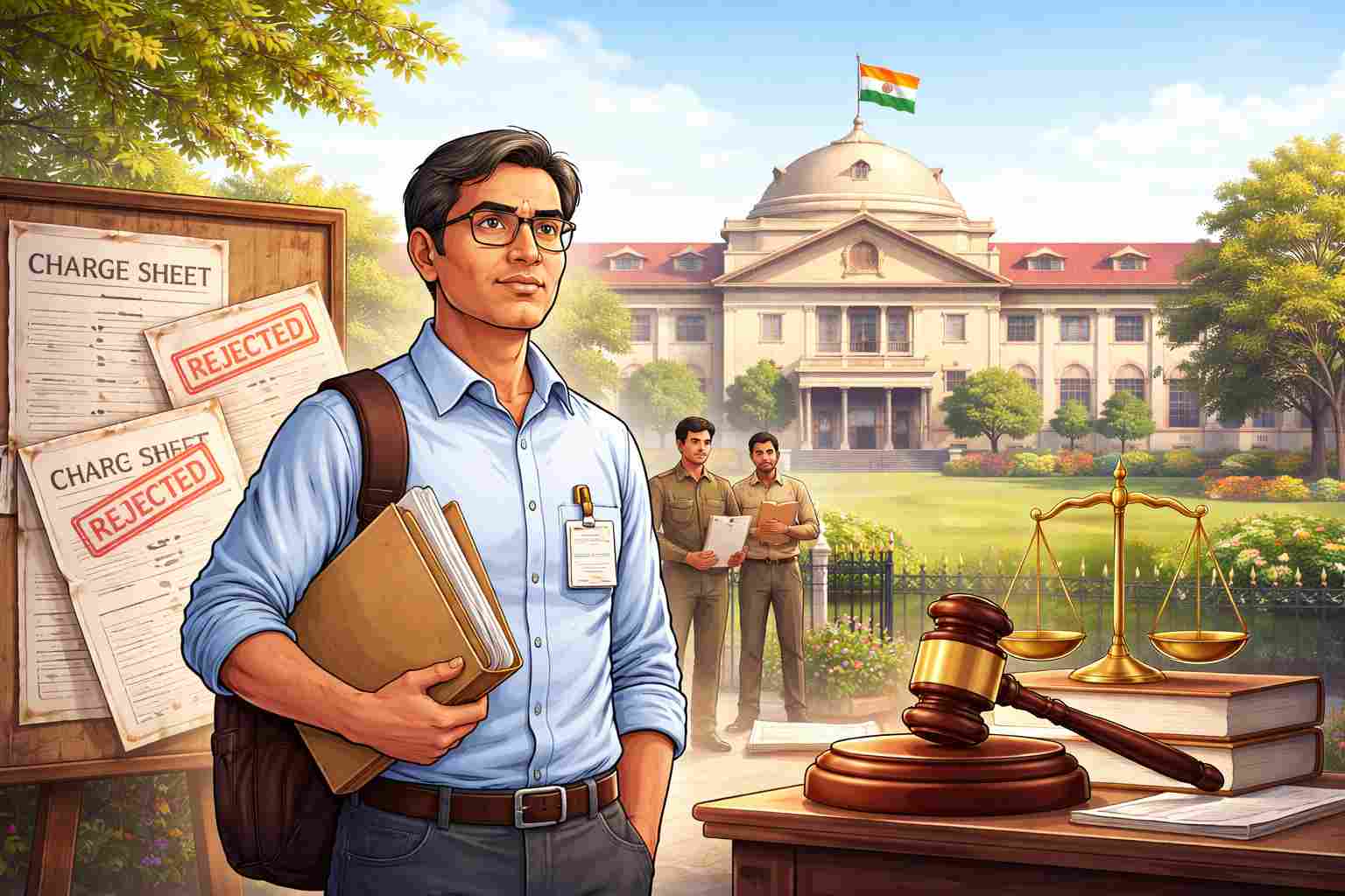 A realistic illustration showing an Indian government engineer standing confidently outside Patna High Court, symbolizing victory after a departmental inquiry case.