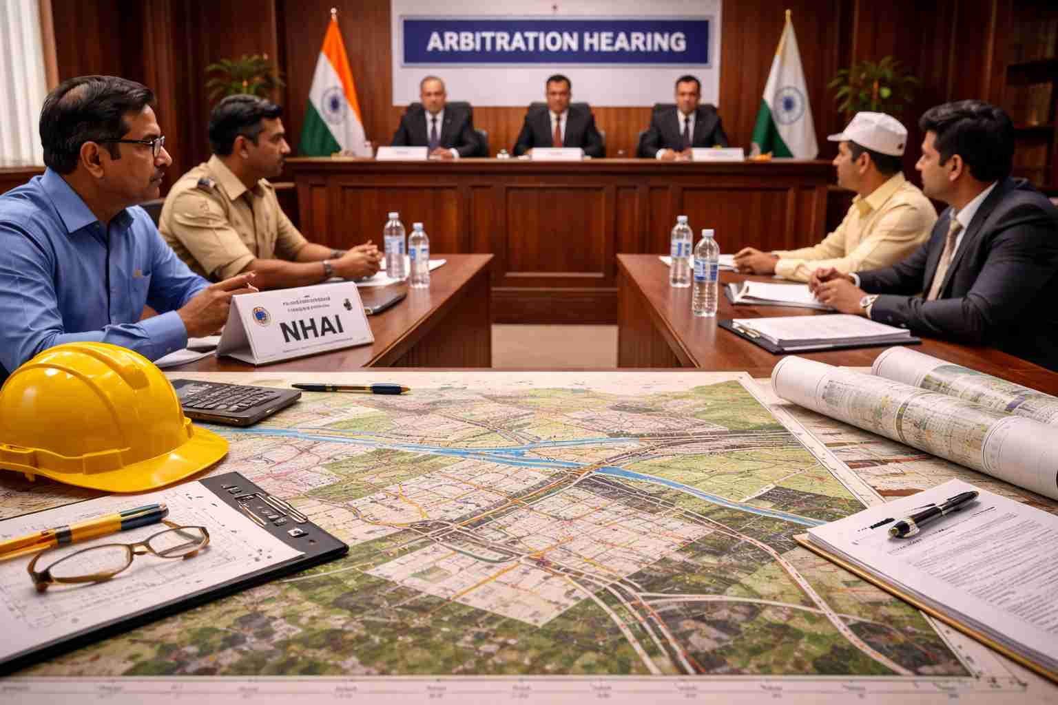Arbitration hearing scene related to national highway land acquisition dispute decided by Patna High Court under Section 34 Arbitration Act.