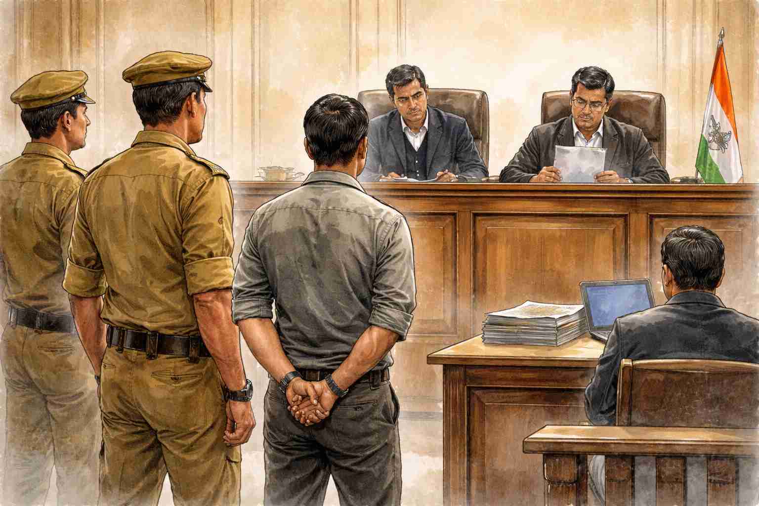 Watercolor courtroom illustration showing an accused in handcuffs before two judges reviewing a remand order under NDPS Act.