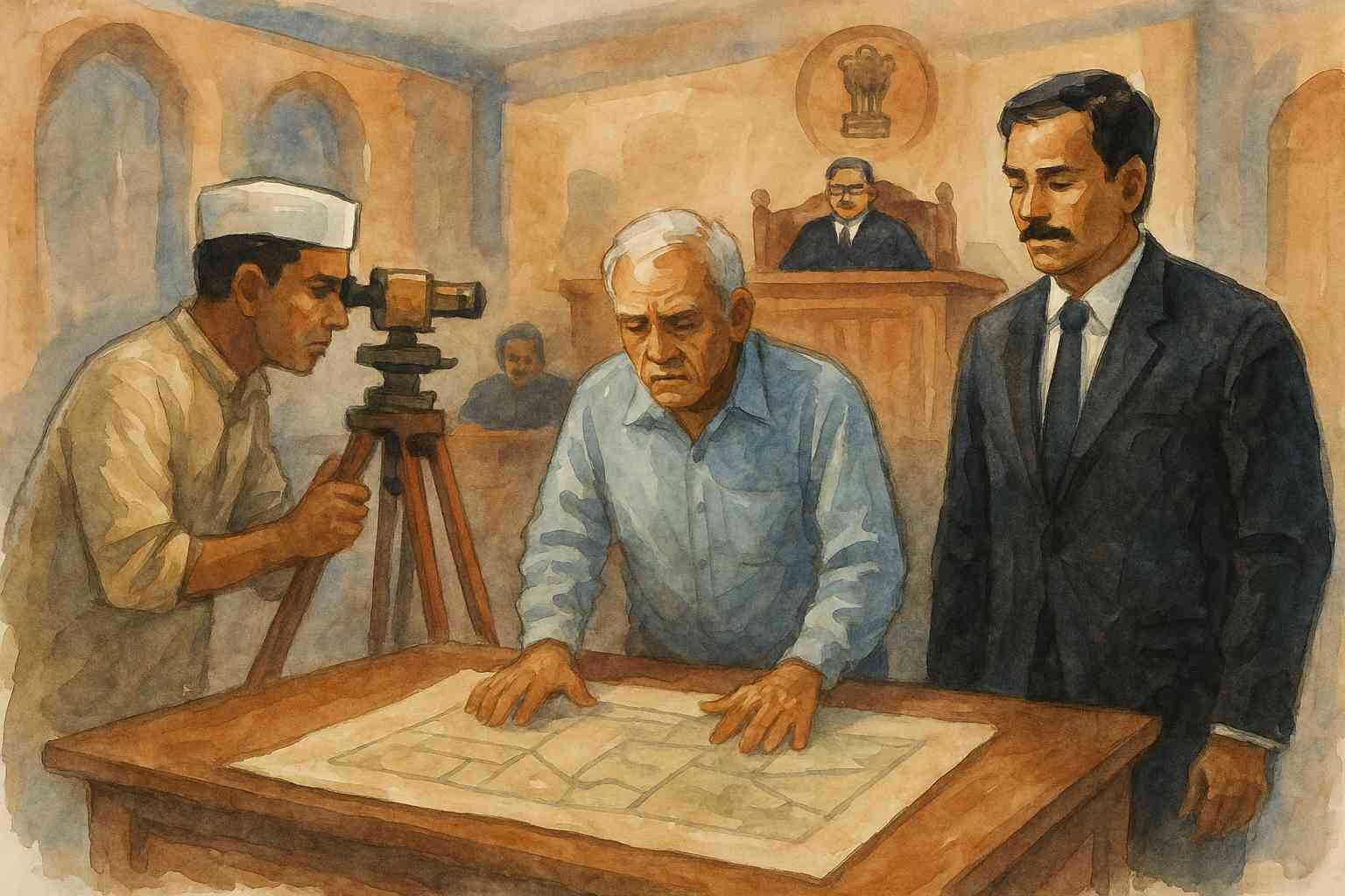 Watercolor illustration showing an Indian courtroom scene with a surveyor and lawyers examining a land map before the judge during an encroachment case.