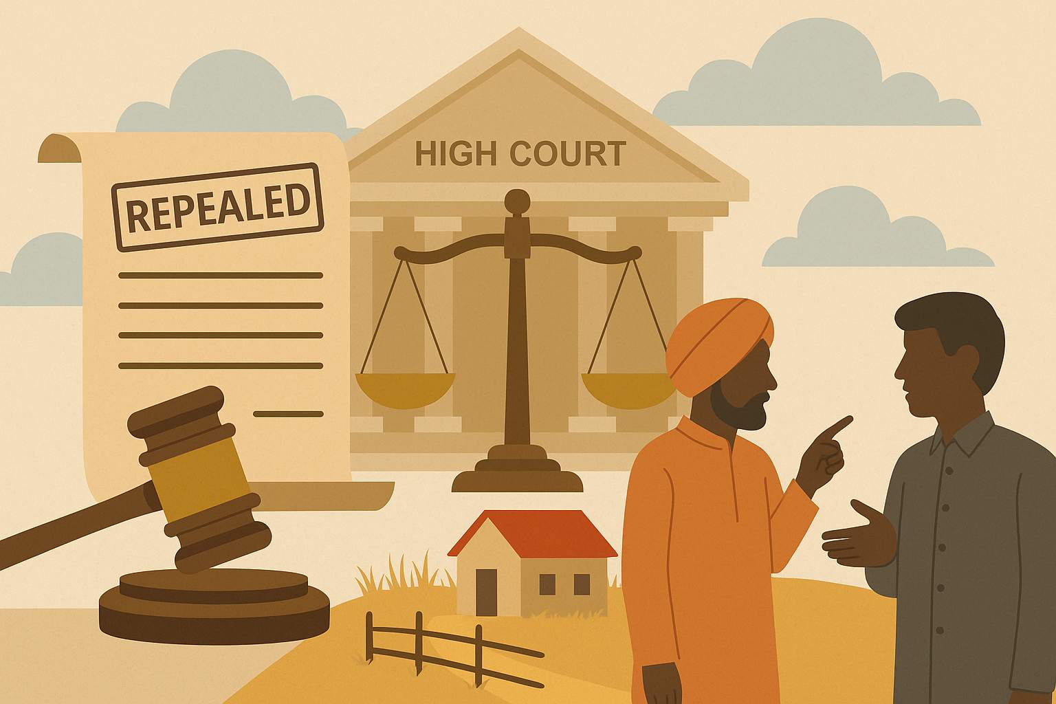 Courtroom illustration depicting rural land dispute and end of pre-emption cases after 2019 Bihar amendment, symbolizing refund of deposited amount.