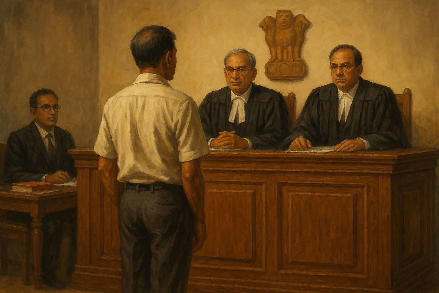 Courtroom painting depicting a government employee standing before judges, symbolizing Patna High Court’s decision rejecting delayed promotion claims of public servants.