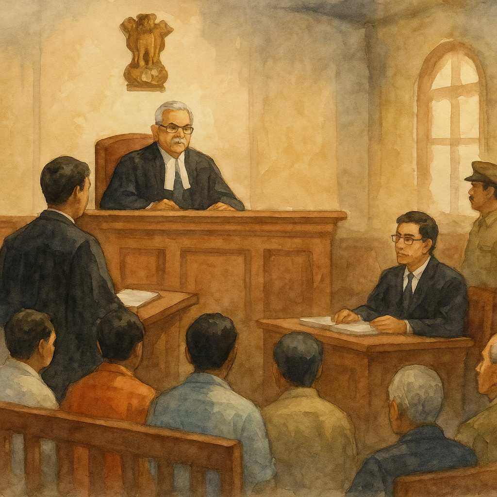 Watercolor courtroom scene illustrating Patna High Court hearing on execution obstruction, Section 151 CPC, and land possession dispute issues.
