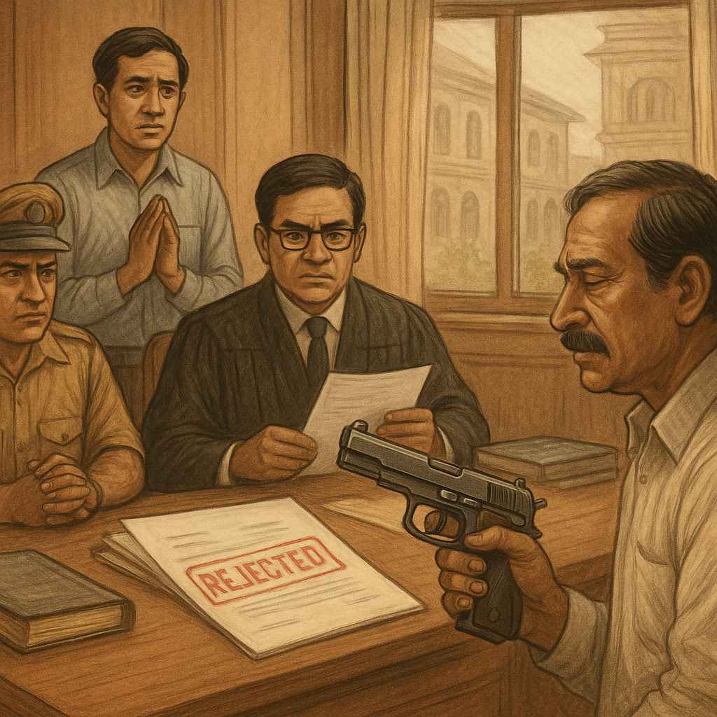 Illustration of an Indian businessman facing arms license rejection at a government office in Bihar, symbolizing Patna High Court ruling on threat perception