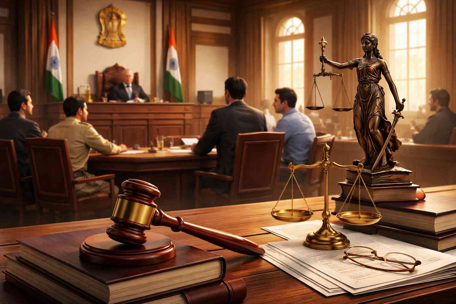 Courtroom illustration showing arbitration hearing in Patna High Court about fee dispute and termination of arbitrator’s mandate