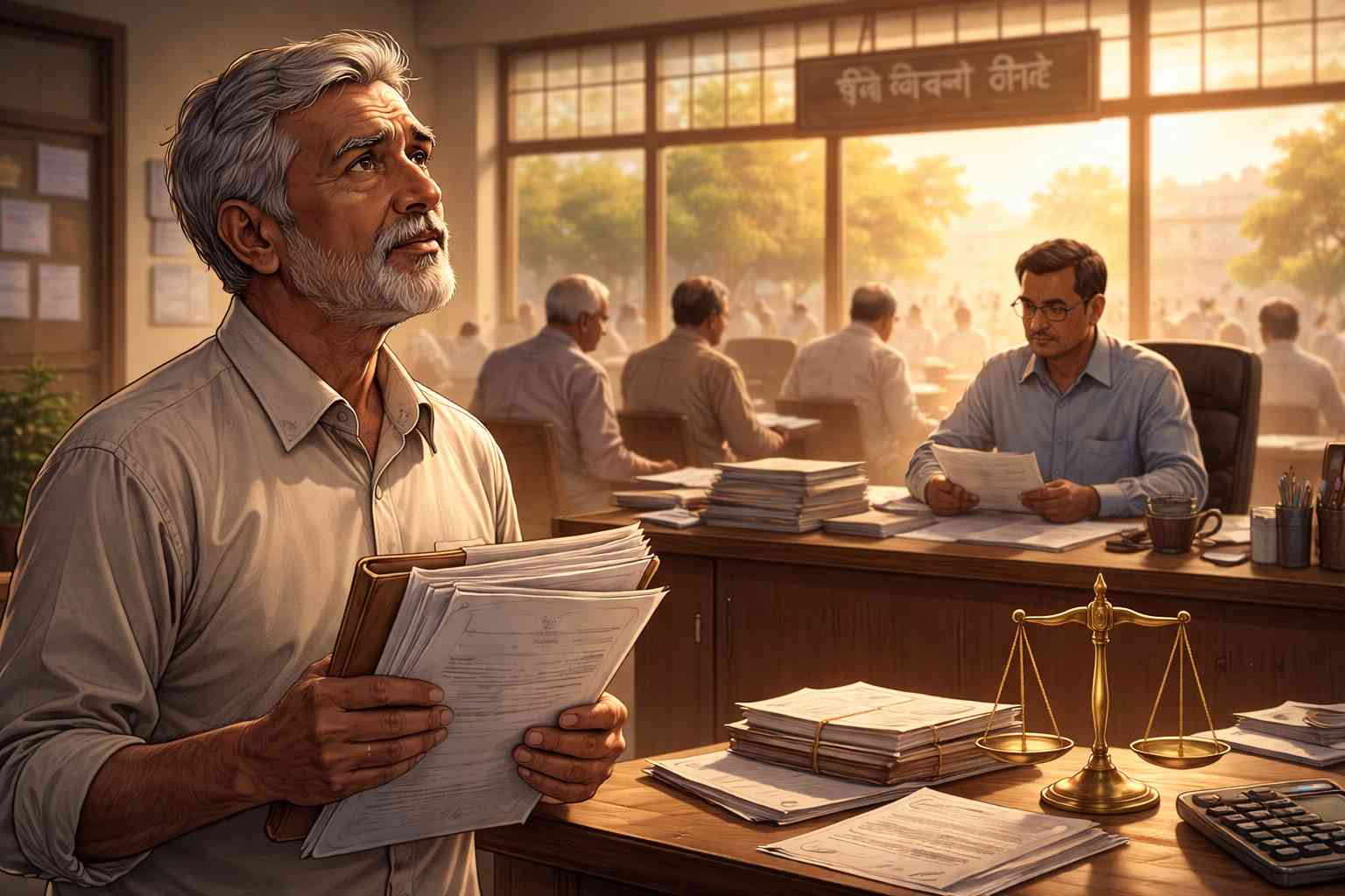 Illustration showing land owners demanding compensation outside a land acquisition office after Patna High Court order.