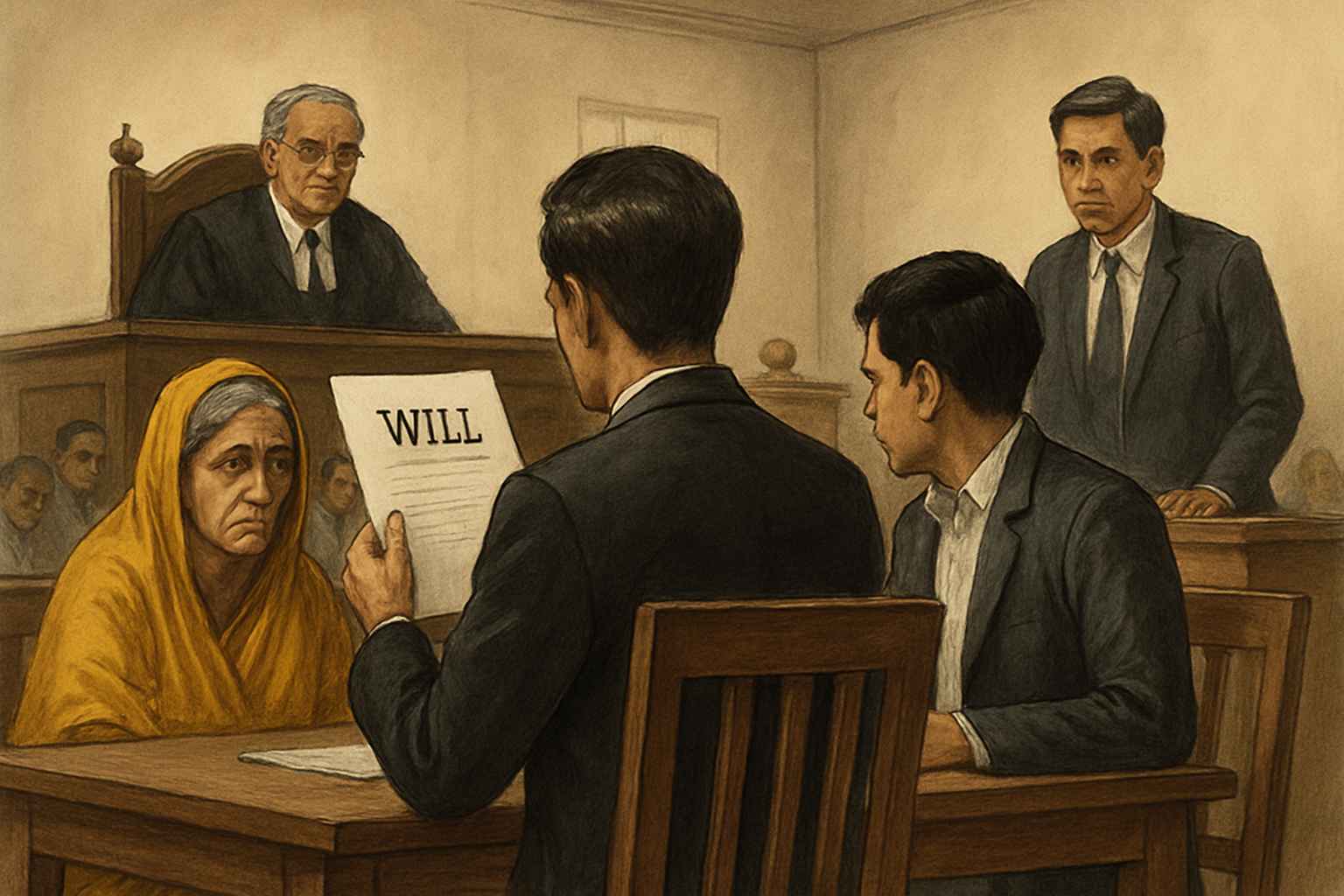 Illustration of a Bihar courtroom scene involving a disputed Will and request for Letter of Administration.