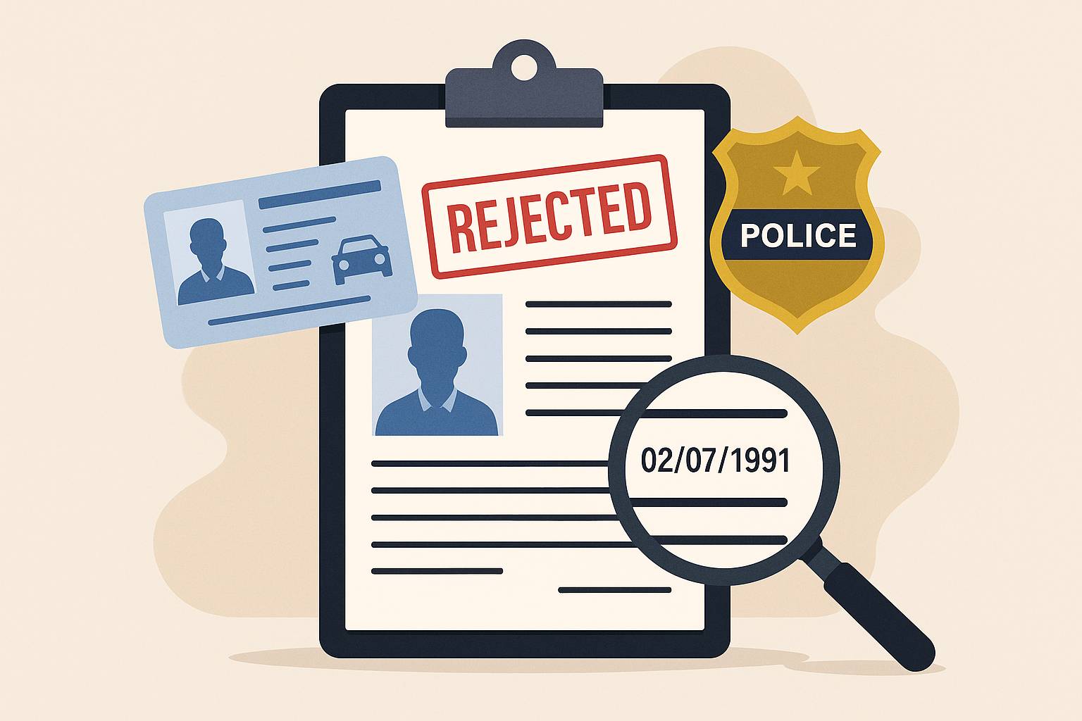 Illustration showing rejection in Bihar police recruitment due to document mismatch verified by officers, symbolizing strict Patna High Court ruling.