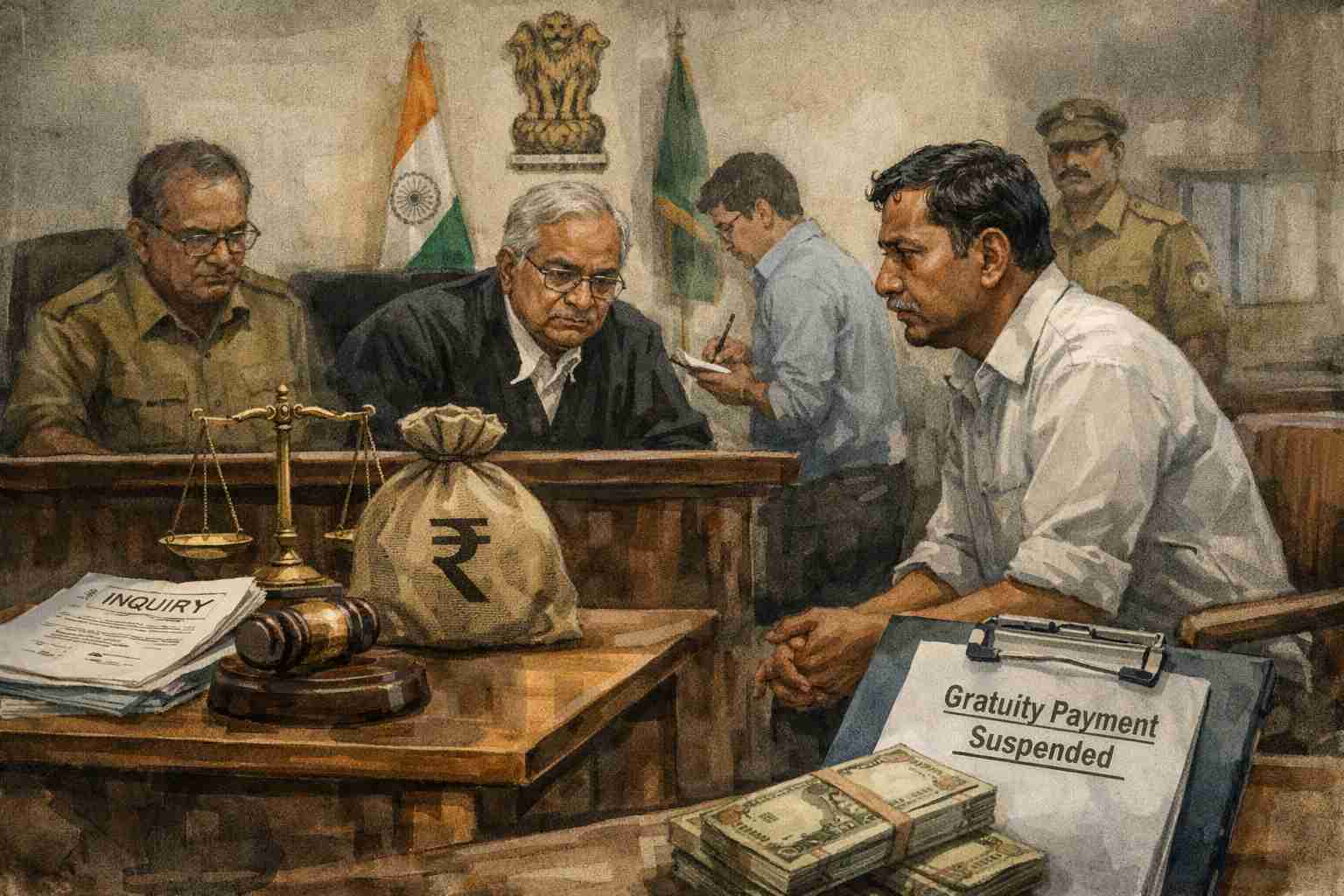 Courtroom illustration showing an Indian judge hearing a gratuity dispute where payment is suspended during a departmental inquiry.