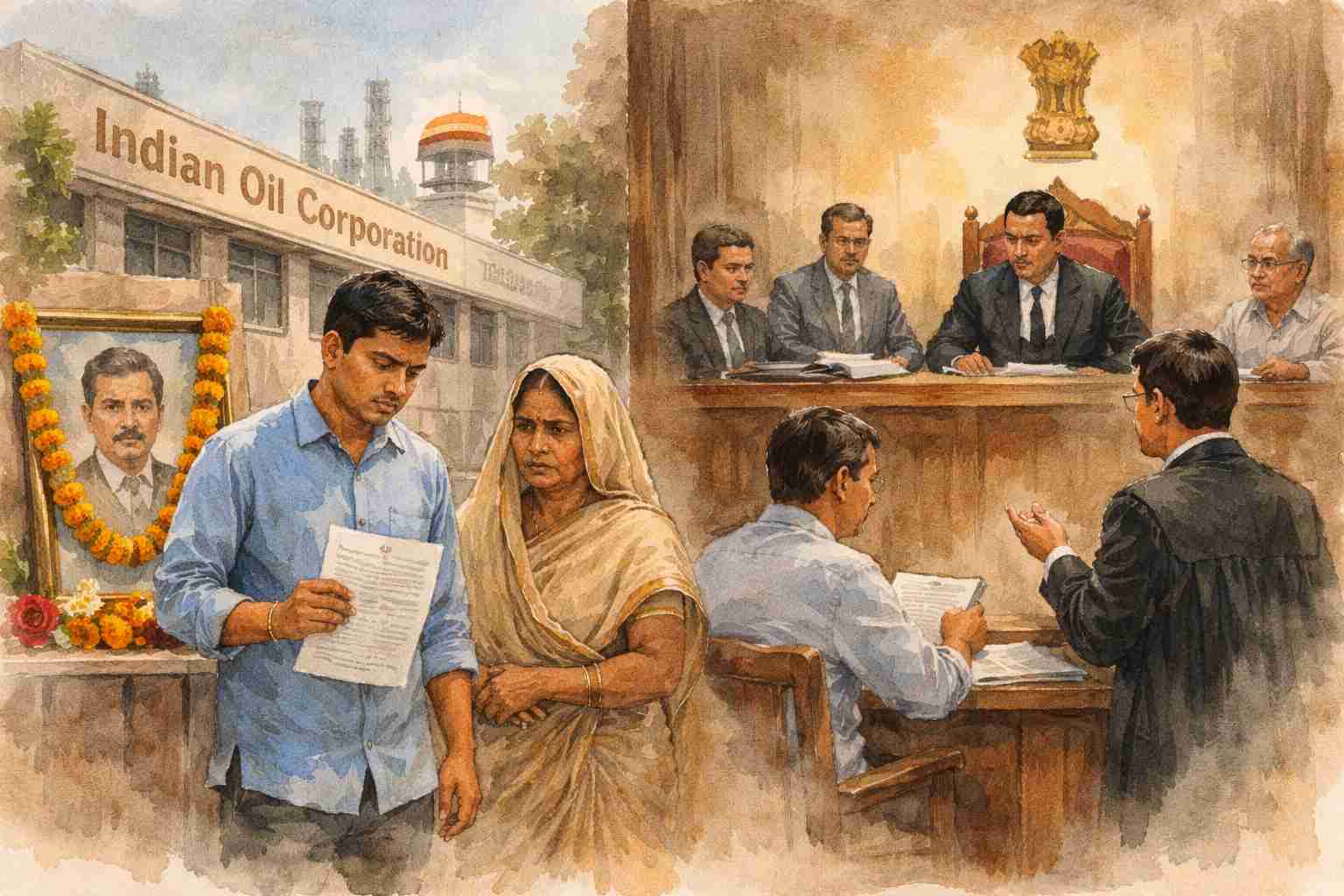 Watercolor illustration of a mother and son outside Indian Oil office holding rejection letter and courtroom scene about IOCL dependent employment dispute.
