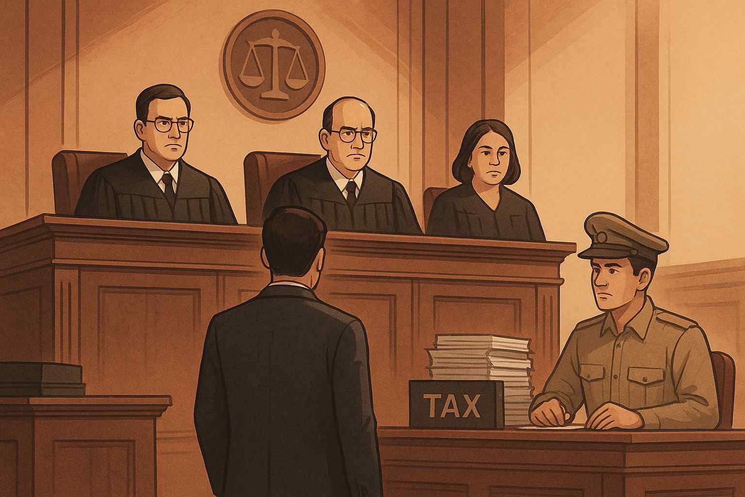 Illustration of an Indian courtroom showing judges and a businessman in a GST registration cancellation dispute at Patna High Court.
