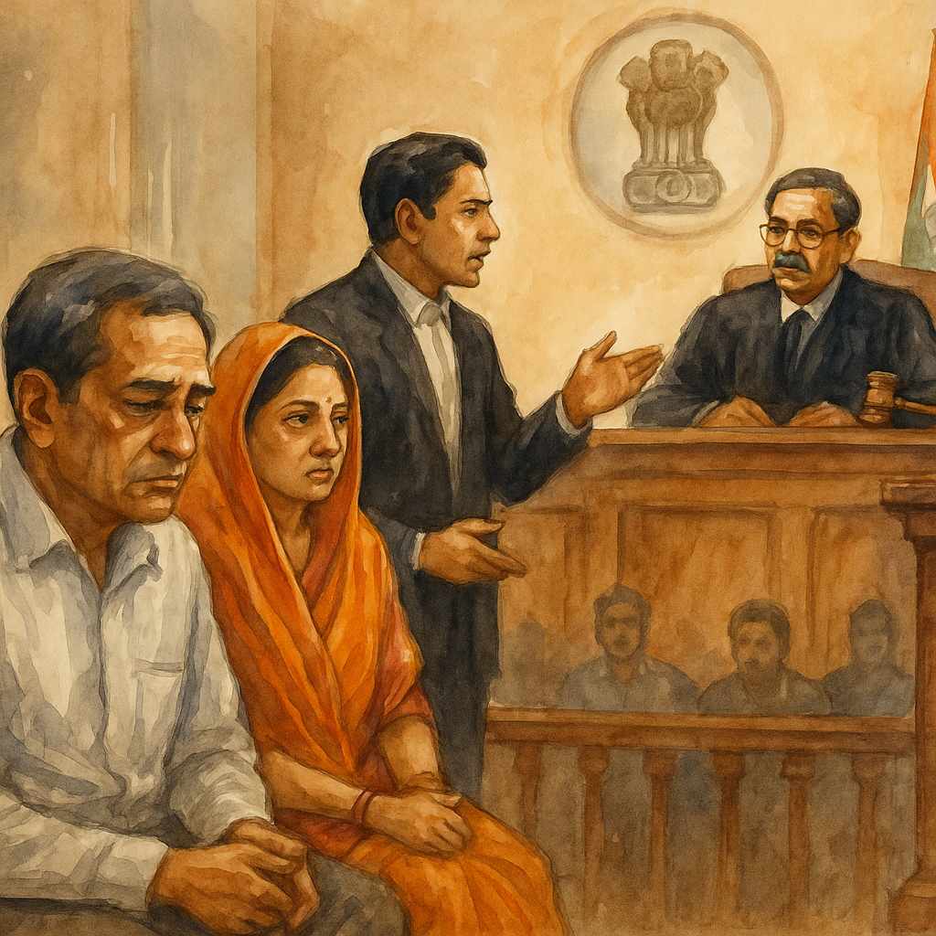 Watercolor illustration showing Indian courtroom where elderly parents receive relief in a dowry harassment case decided by Patna High Court.
