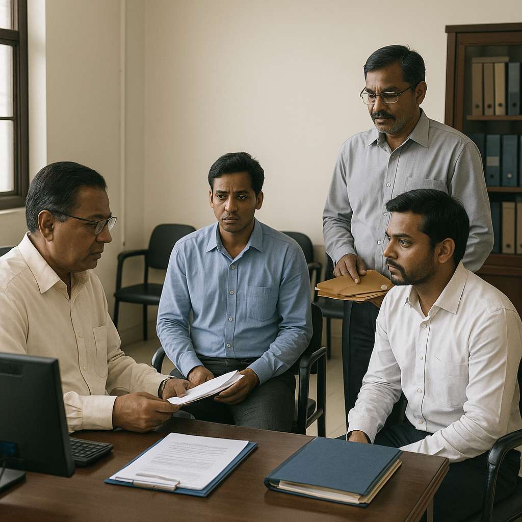 Office meeting scene in an Indian government department where candidates are given a fair hearing before cancellation of appointment, inspired by Patna High Court judgment.