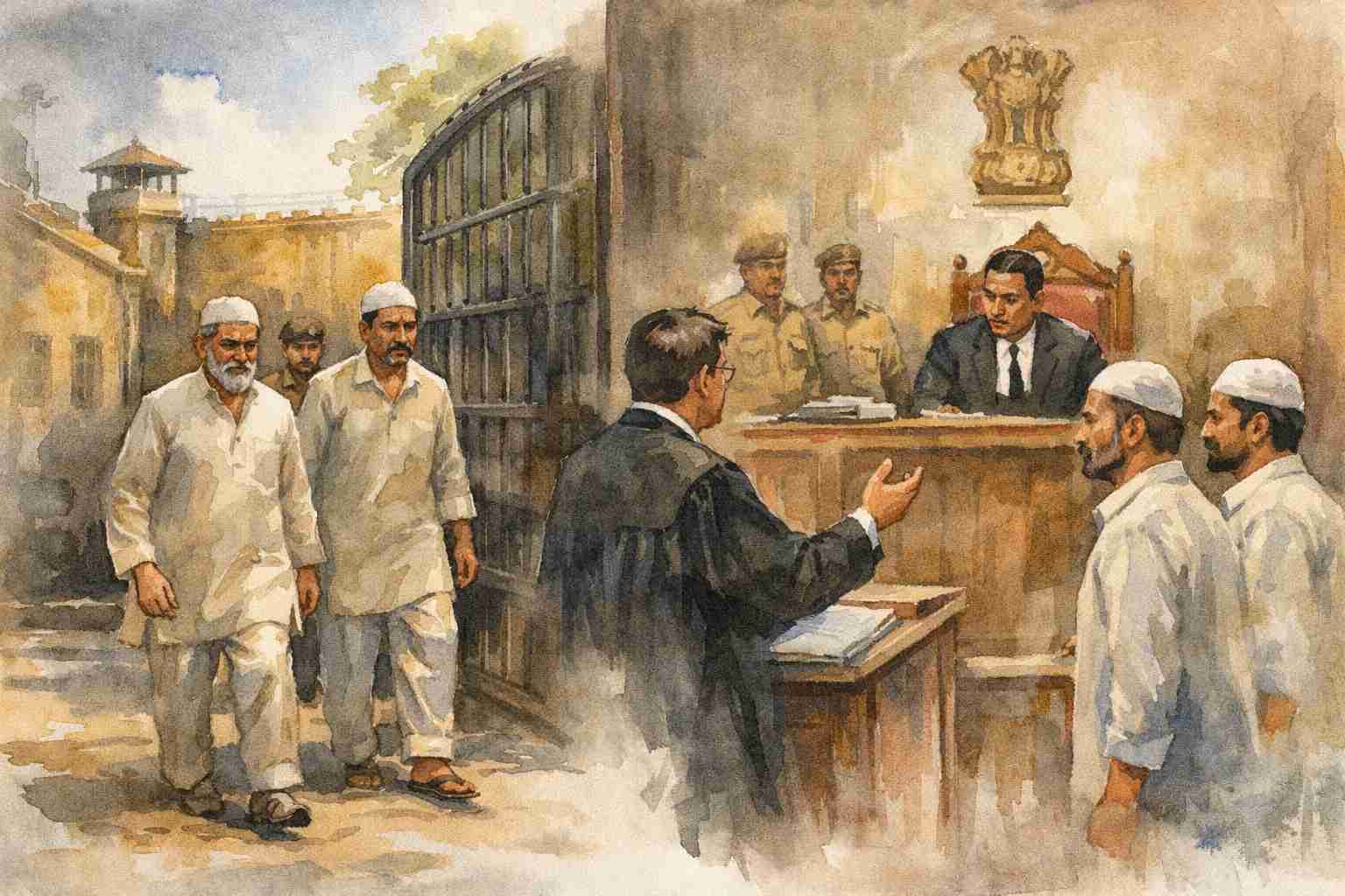 Watercolor illustration showing Indian prisoners being released and a courtroom scene reflecting Patna High Court judgment on remission policy.