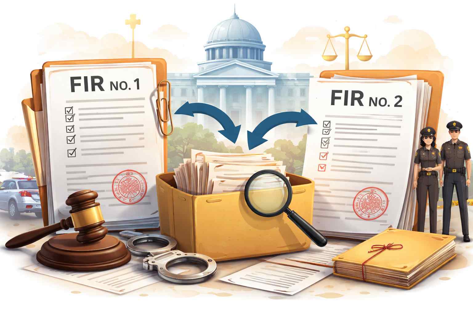 A realistic illustration showing two FIR case files merging into one under supervision of Patna High Court, symbolizing investigation amalgamation.