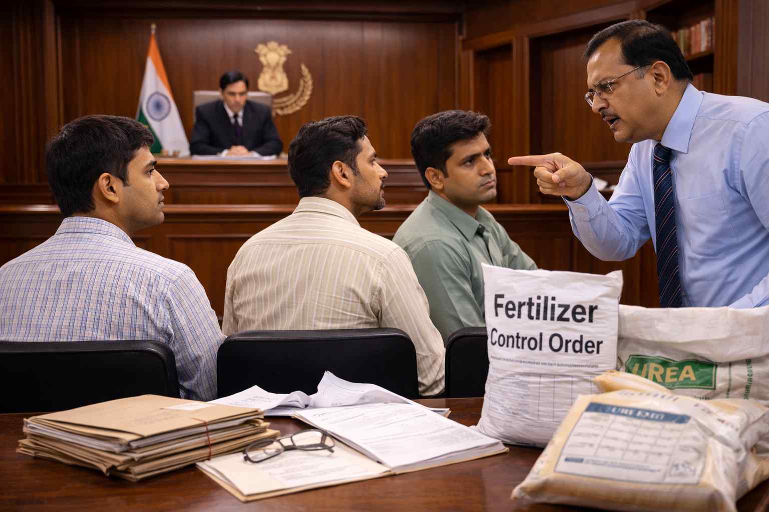 Indian courtroom scene depicting Patna High Court ruling against arbitrary debarment of fertilizer dealers under Fertilizer Control Order.