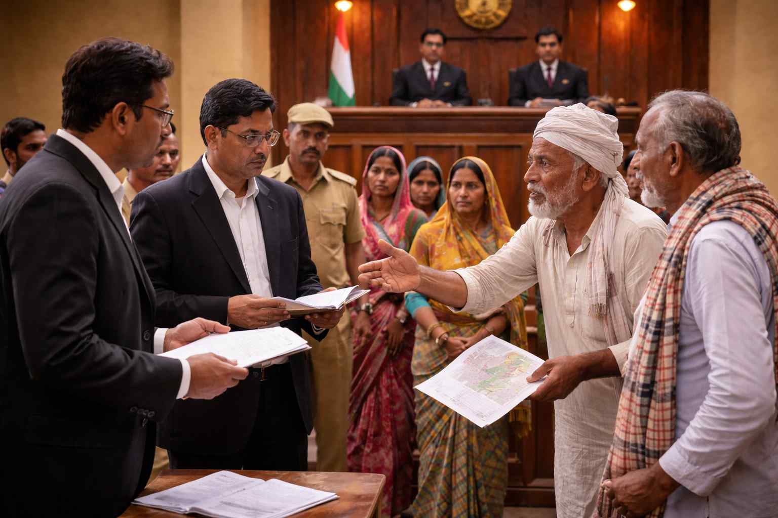 Courtroom illustration of Patna High Court hearing a land acquisition dispute for ITI building involving villagers and advocates.