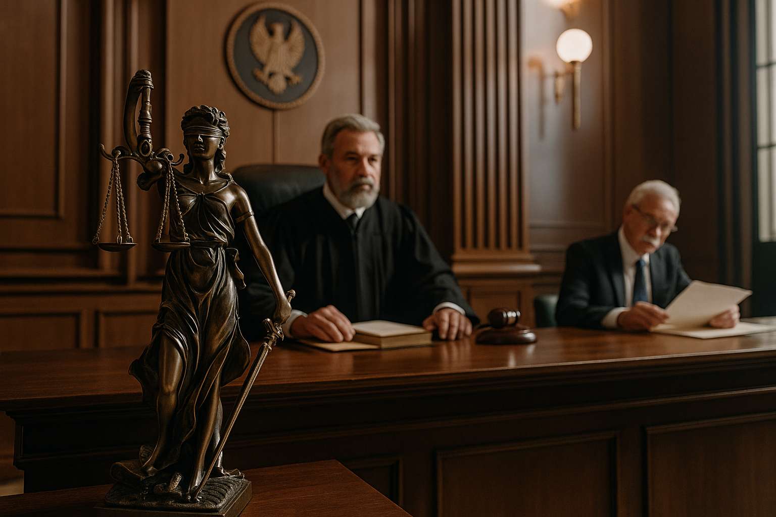 Courtroom illustration depicting a disciplinary hearing about pension reduction decided by Patna High Court.