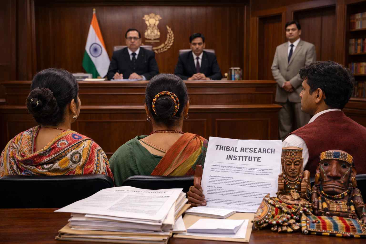 Indian administrative and courtroom setting illustrating Patna High Court direction to establish a Tribal Research Institute for Scheduled Tribes in Bihar.