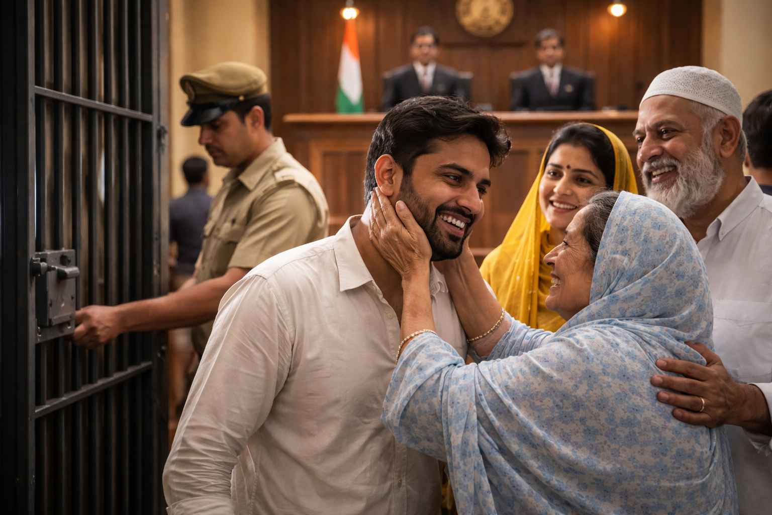 Realistic courtroom illustration showing acquittal scene in Patna High Court, family rejoicing after release of accused in rural murder case.