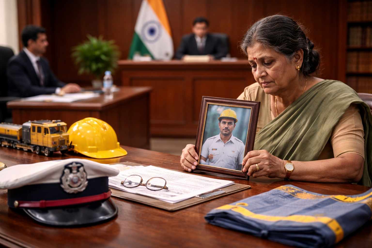 Indian courtroom scene showing widow of railway employee seeking ex-gratia compensation for on-duty death as decided by Patna High Court.