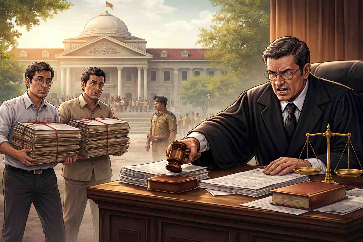 Realistic illustration showing an Indian judge scolding officials for filing delayed government appeal at Patna High Court.
