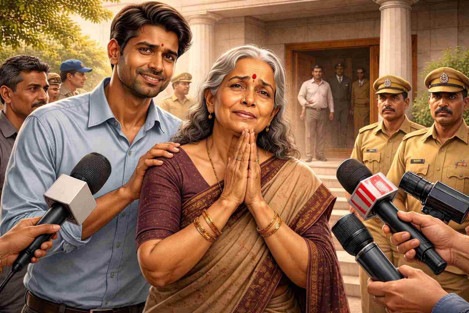 Indian courtroom scene showing a woman standing relieved after acquittal in a criminal poison murder case decided by Patna High Court.