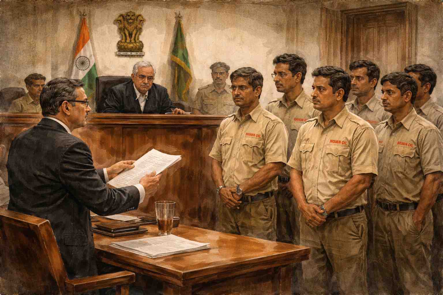 Indian courtroom illustration showing Indian Oil workers and their lawyer presenting a regularization case before a judge at Patna High Court.