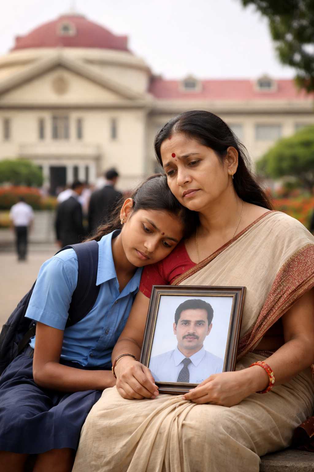 Indian widow and daughter outside Patna High Court representing a family pension case for a temporary postal employee.
