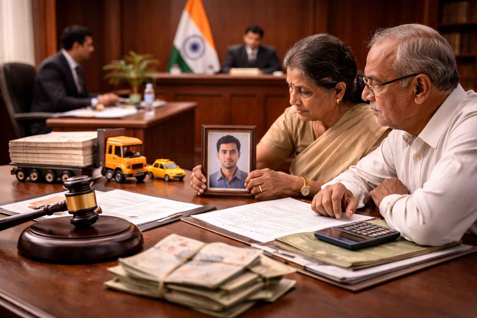 Courtroom scene showing elderly parents receiving motor accident compensation after Patna High Court dismisses insurance company appeal.