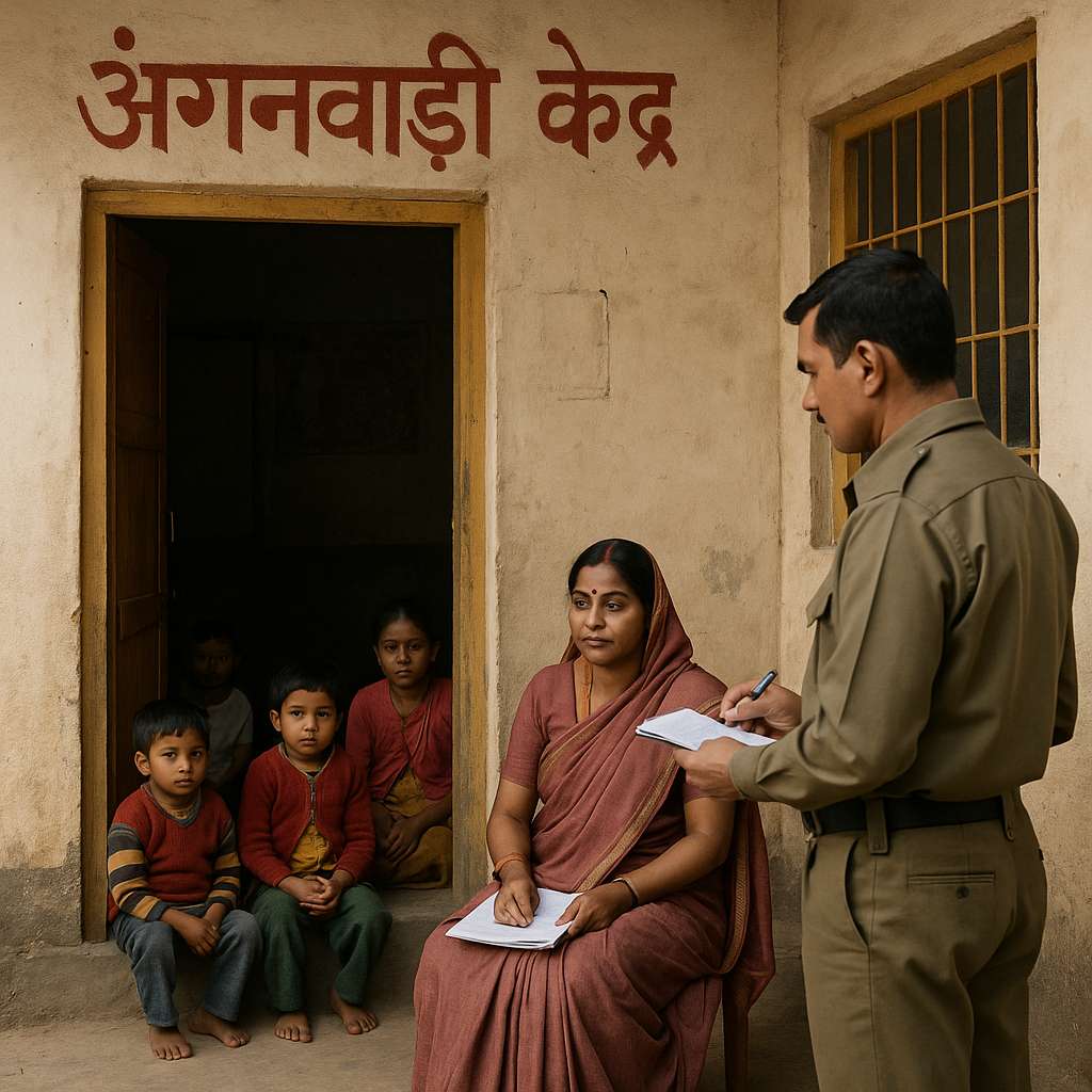 Inspection scene at an Indian Anganwadi center where a female worker interacts with a government officer, representing Patna High Court ruling on fair inquiry.