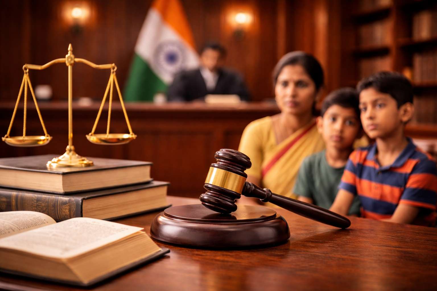 Indian family court scene inside Patna High Court showing woman with two children seeking maintenance before judge under Section 125 CrPC.