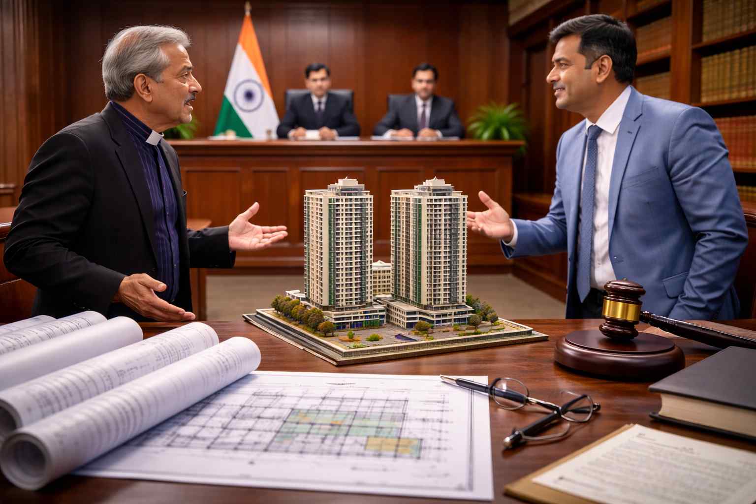 Urban development dispute illustrated in an Indian courtroom as Patna High Court upholds building plan approval despite alleged suppression of pending title suit.