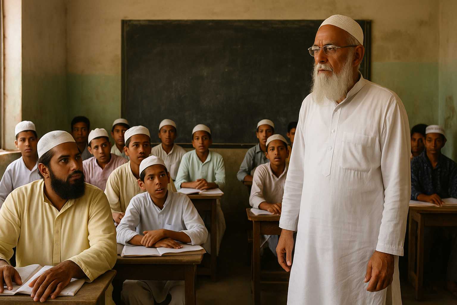 An Indian classroom scene showing an elderly Madarsa teacher with students, symbolizing the Patna High Court judgment on teacher pension rights.