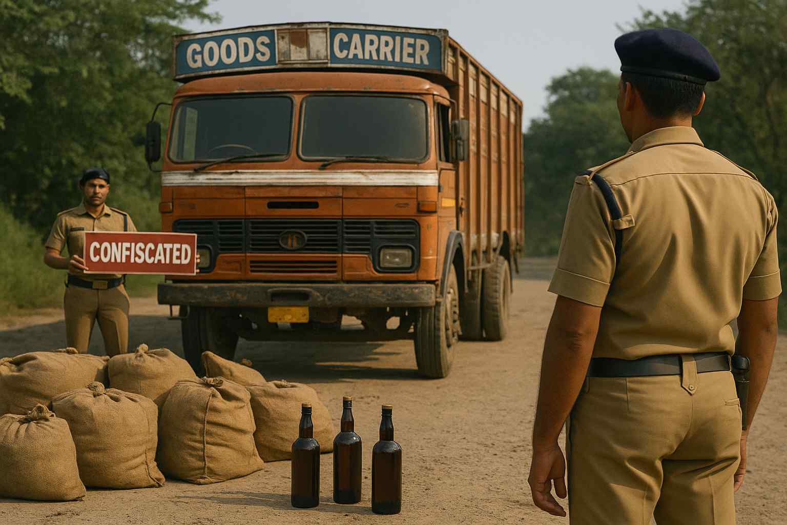 A realistic depiction of police officers in Bihar confiscating a truck used for illicit liquor transport under prohibition law.